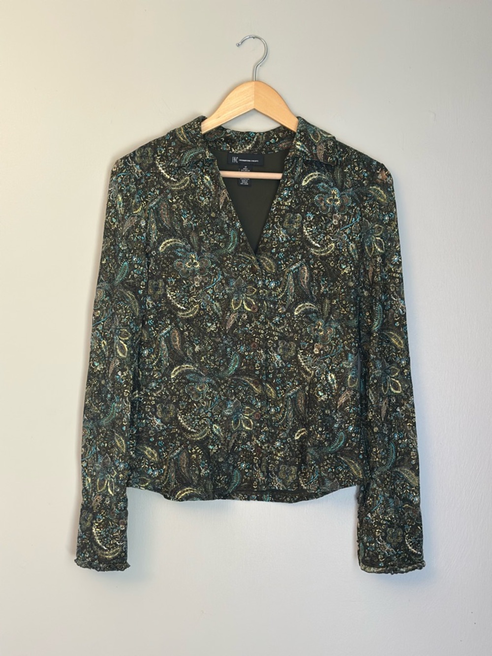 INC International concepts M Green and Black Paisley V-Neck Blouse Y2K Medium - Picture 2 of 10